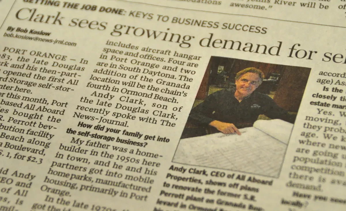 Newspaper article featuring an interview with Andy Clark, CEO of All Aboard Storage.