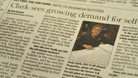 Newspaper article featuring an interview with Andy Clark, CEO of All Aboard Storage.