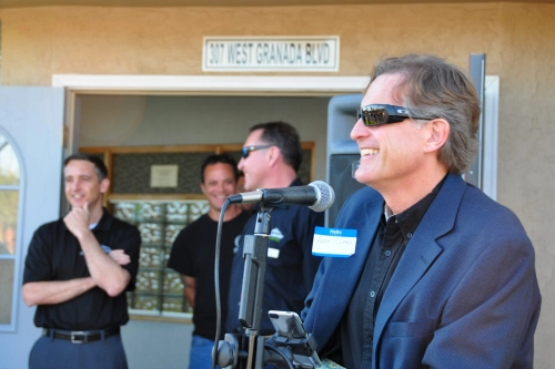 Andy Clark on mic with Mike, Mark, & Keith in background