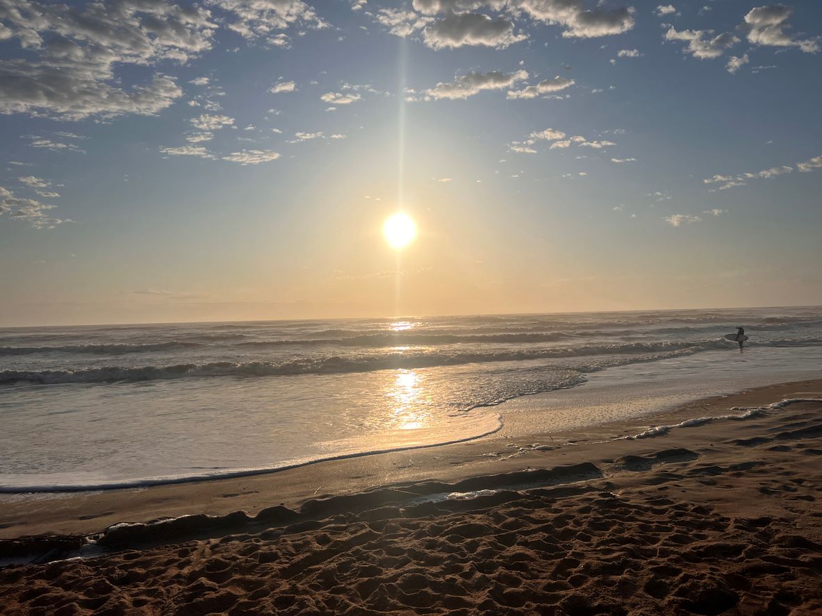A surfer watches waves crash on Ormond Beach, FL's sand at sunrise.